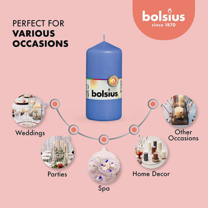 BOLSIUS 3 Blue Pillar Candles - 2.25 x 4.75 Inches - Premium European Quality - Individually Wrapped - 33 Hours Burn Time Dripless Smokeless Unscented Dinner, Wedding, Party, & Restaurant Candles
