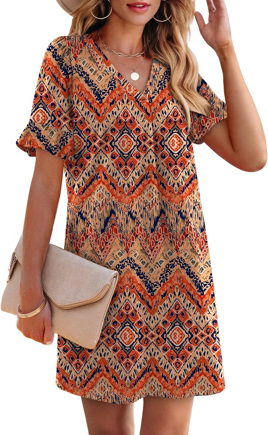 OFEEFAN Summer Dresses for Women Ruffle Short Sleeve V Neck Casual Shift Dress with Pockets .