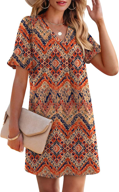 OFEEFAN Summer Dresses for Women Ruffle Short Sleeve V Neck Casual Shift Dress with Pockets .