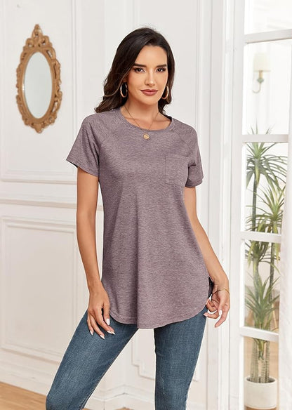 Newchoice Women's Short Sleeve Tunic Tops Casual Round Neck Loose Summer Basic Shirts With Pockets