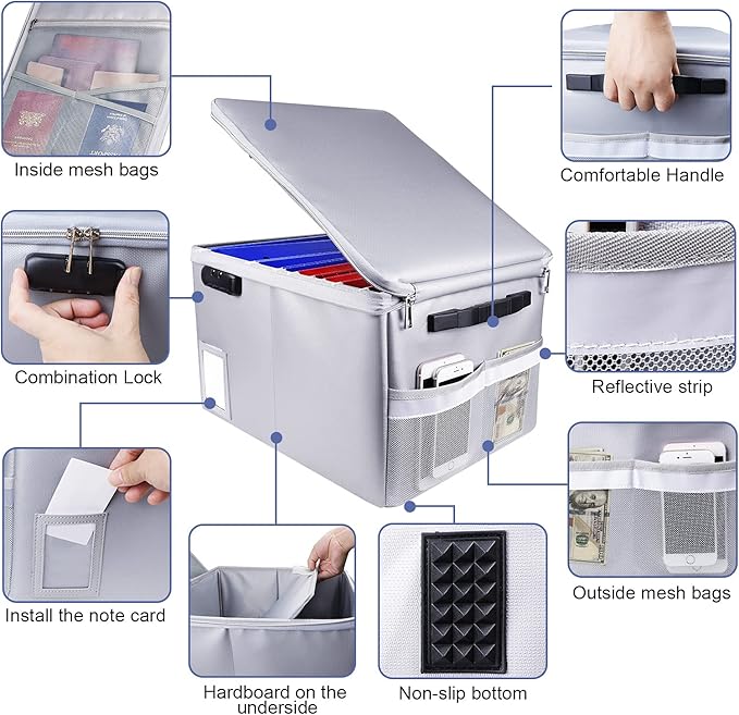 File Box with Lock, Fireproof Document Box File Organizer Box, Portable Office Collapsible File Storage with Reflective Strip for Hanging LetterLegal Size FolderCertificate
