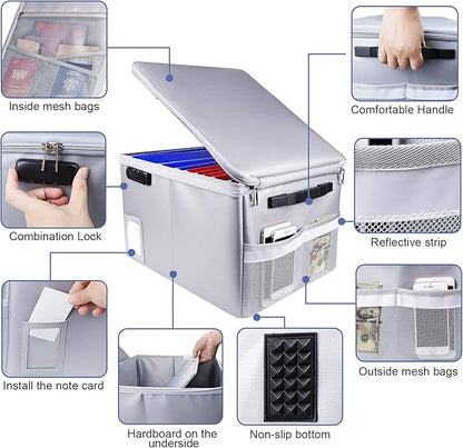 File Box with Lock, Fireproof Document Box File Organizer Box, Portable Office Collapsible File Storage with Reflective Strip for Hanging LetterLegal Size FolderCertificate
