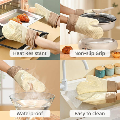 Silicone Oven Mitts?Heat Resistant up to 500°F, Oven Gloves with Soft Lining, Non-Slip Kitchen Essentials, Kitchen Gadgets, Apartment Essentials, Great Gift for Cooking (beige-1pair)