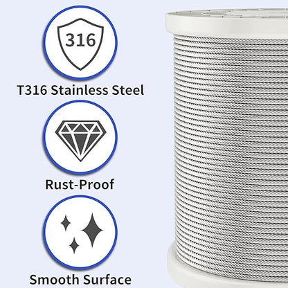 LuckIn 18" Stainless Steel Cable 300FT, T316 Aircraft Cable for Railing, Decking  Outdoor Projects - Uncoated Marine Grade