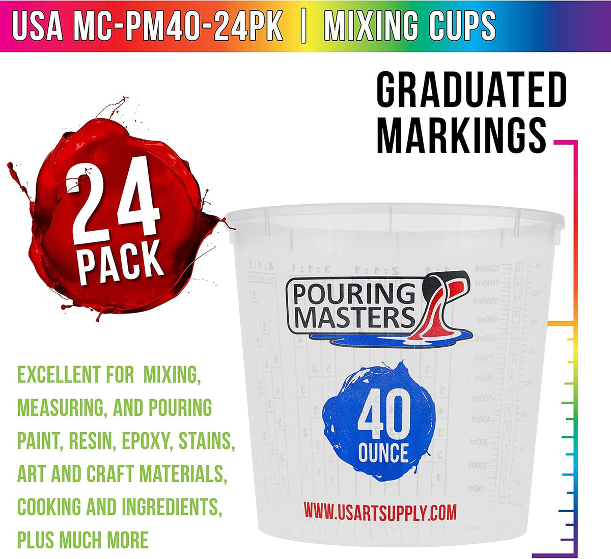 Pouring Masters 40 oz Graduated Plastic Mixing Cups, Box of 10