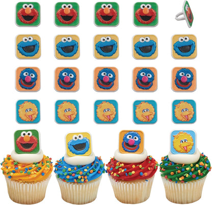 Sesame Street Rings, 24 Cupcake Toppers Featuring Elmo, Big Bird, Cookie Monster, Grover, Bright Colorful ( Cupcake Decorations, Food Safe - 24 Pack (Mixed Character Amounts)