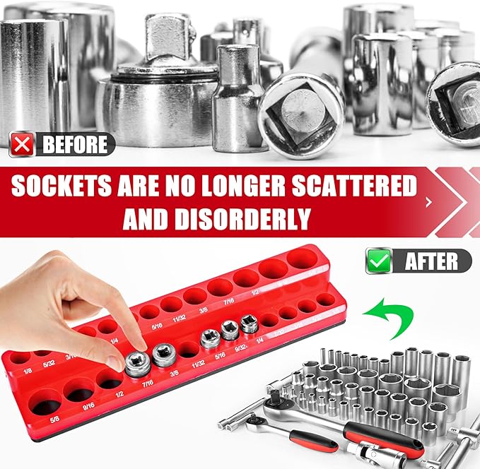 Magnetic Socket Organizer 2-Piece Magnetic Socket Holder 38 Inch Drive Metric SAE Trays Tool Storage Set Magnet Rail Holds 56 Sockets for Tool Box Drawer
