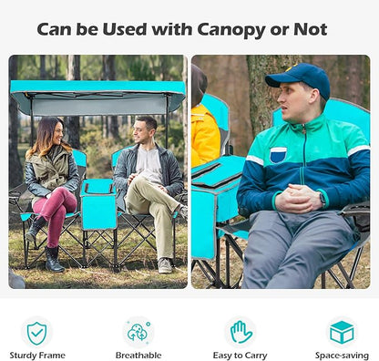 Goplus Double Beach Chair with Canopy Shade, Folding Lawn Camping Chairs with Sunshade  Mini Table Beverage Holder  Carrying Bag for Outdoor Travel Hiking Fishing Poolside