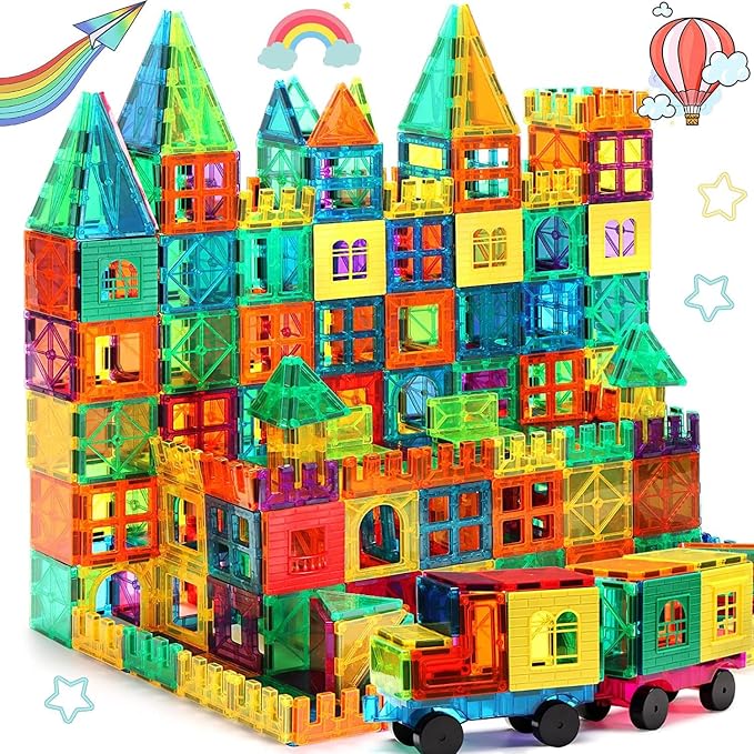 Ziggzo Magnetic Tiles for Kids Ages 4-8 | 100 Magnet Tiles with Storage Bag and 2 Cars | STEM Building Blocks for Creative Learning