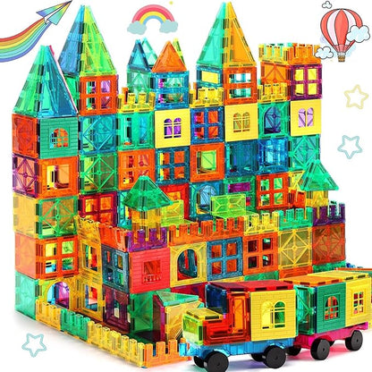 Ziggzo Magnetic Tiles for Kids Ages 4-8 | 100 Magnet Tiles with Storage Bag and 2 Cars | STEM Building Blocks for Creative Learning