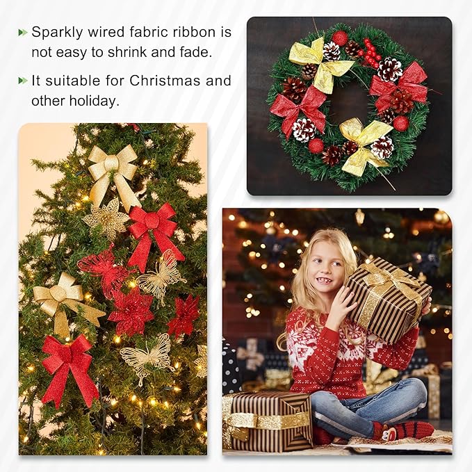 MECCANIXITY 2.5 Inch Glitter Wired Ribbon, Light Gold Sparkly Iridescent Ribbon 10 Yard for Christmas Tree Wreath Decoration Gift Wrapping, with Metallic Edge
