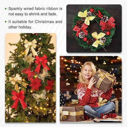 MECCANIXITY 2.5 Inch Glitter Wired Ribbon, Light Gold Sparkly Iridescent Ribbon 10 Yard for Christmas Tree Wreath Decoration Gift Wrapping, with Metallic Edge