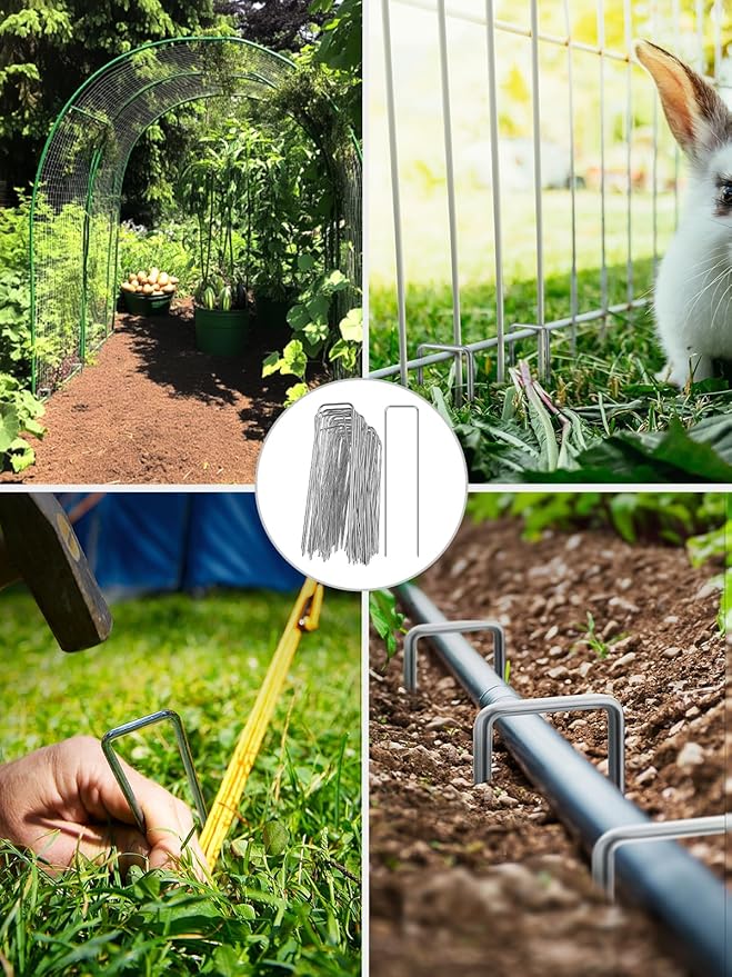 GROWNEER Landscape Staples 100 Packs 6 Inches Heavy Duty 11 Gauge Galvanized Steel Garden Stakes, Garden Staples Securing Pegs for Securing Weed Fabric Landscape Fabric Netting Ground Sheets  Fences
