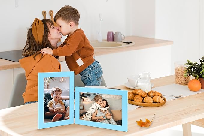 Vertical Horizontal Combo, Double 5x7 Soft-Blue Wood Foldable Picture Frame, Opening 4.5x6.5, Desktop or Wall Mounted, Portrait and Landscape View