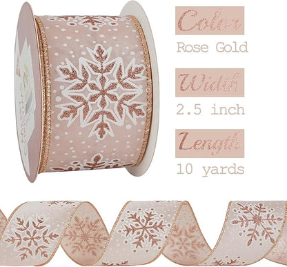 MEEDEE Snowflake Ribbon with Rose Gold Glitter - Wired, 2.5 Inch, Pink  Rose Gold Christmas Ribbon for Tree, Garlands, Wreaths, Gift Wrapping (10 Yards)