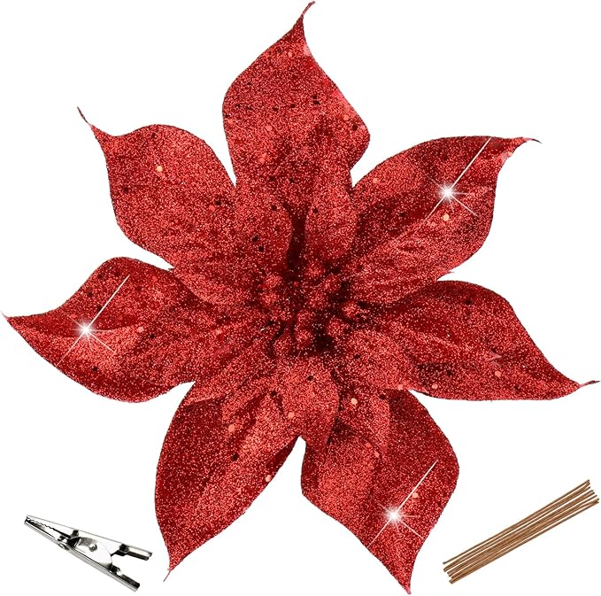 Briful 9'' Christmas Poinsettia Flowers 8PCS Red Glitter Artificial Flowers Large Christmas Ornament Flowers for Xmas Tree Wreath Garland Decoration