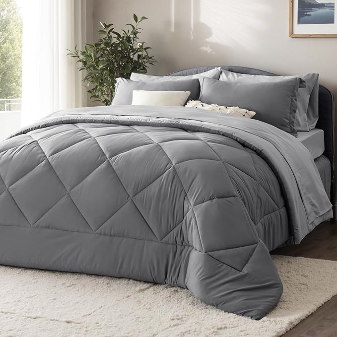 Bedsure Queen Comforter Set - 7 Pieces Reversible Grey Bedding, Queen Size Bed Set for All Seasons, Bed in a Bag with Down Alternative Comforter, Sheets, Pillowcases  Shams