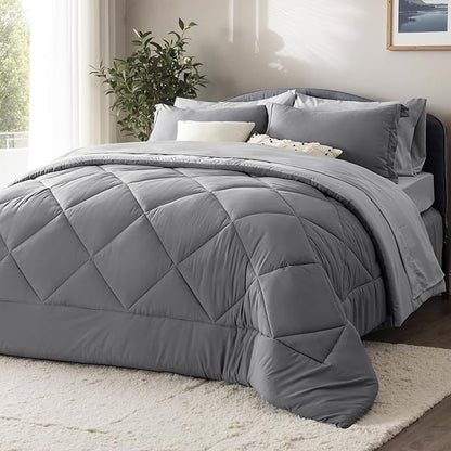 Bedsure Queen Comforter Set - 7 Pieces Reversible Grey Bedding, Queen Size Bed Set for All Seasons, Bed in a Bag with Down Alternative Comforter, Sheets, Pillowcases  Shams