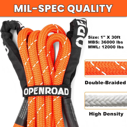 Kinetic Recovery Tow Rope, 36000 Lbs (1in x 30ft Orange with Soft Shackle) Extreme Duty 35% Elasticity Energy Offroad Snatch Strap, Vehicle Recovery Kit for Jeep Car Truck ATV UTV SUV
