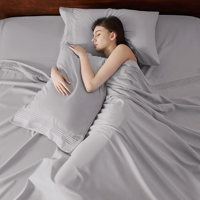 Bedsure GentleSoft Deep Pocket Full Size Bed Sheets Set - Fits Mattresses Up to 21 Inches Thick - 4 Piece Bed Sheets, Moisture Wicking, Cooling Bedsheets  Pillowcases, Easy  Secure Fit, Light Grey