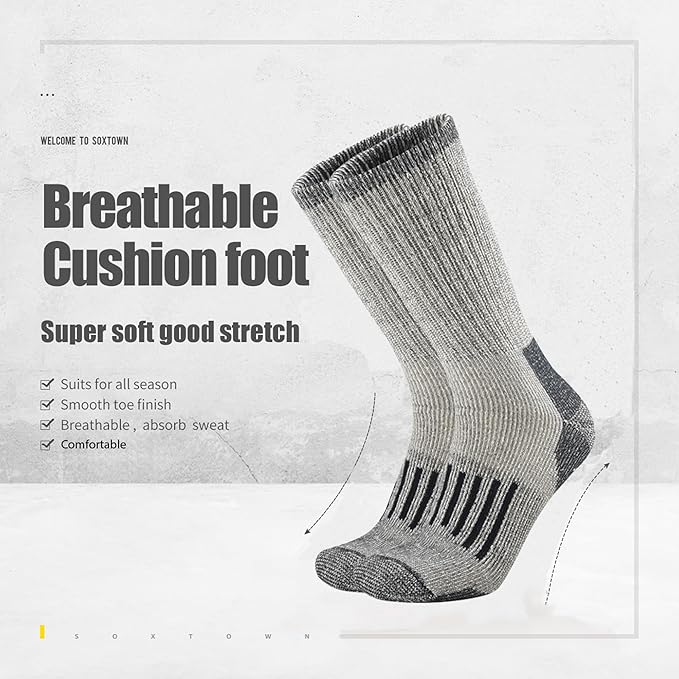 SOX TOWN Men's Merino Wool Cushion Crew Socks Moisture Wicking Control for Outdoor Hiking Work Boot Thermal Warm All Seasons