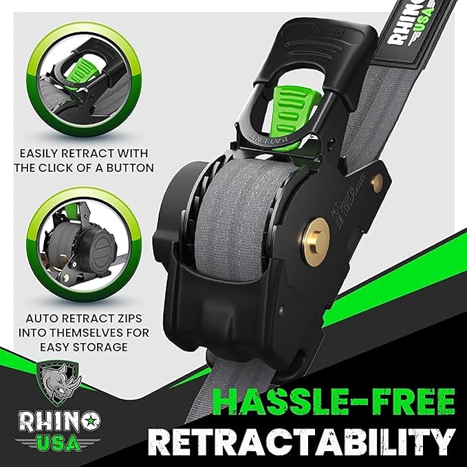 Rhino USA Retractable Ratchet Straps (2-Pack) - 1 Inch x 10 Feet (1,209lb Break Strength) - Heavy Duty Auto Self Retracting Tie Down Straps for Truck, Cargo Trailer, Motorcycle, Rad & More - Gray