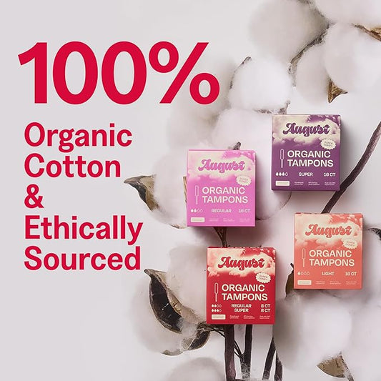 August Light Tampons - 100% Organic Cotton Tampons 24 Pack for Women and Anyone Menstruating, Non-Toxic, Fragrance-Free & Hypoallergenic with Long Applicators