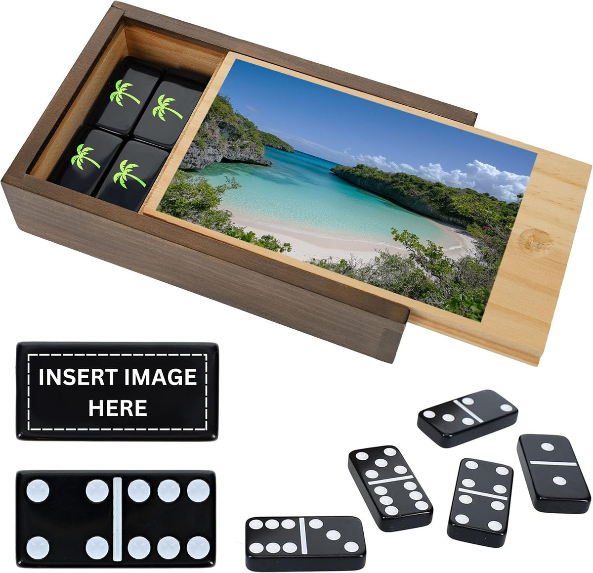 WE Games Custom Color Logo or Image Double 6 Black Dominoes Set in Wooden Case (Random Image)