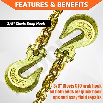 G80 Transport Binder Chain 38 Inch x 16 Foot SafetyBinder Chain with Clevis Grab Hooks 7,100 lbs Safe Working Load Logging Chain for Transporting Towing Tie Down Binding Equipment