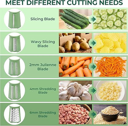 SUSTEAS Rotary Cheese Grater with Handle - Vegetable Shredder with 5 Well-designed Blades  Strong Suction Base,Round Mandoline Slicer  Food Chopper for Kitchen,with Blade Storage Box(Retro Green)