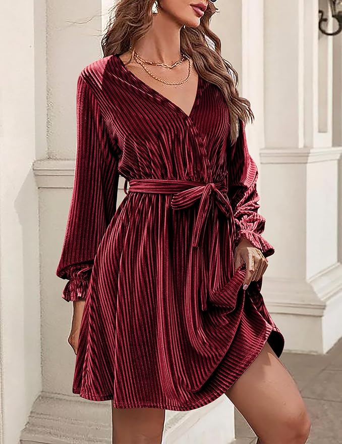 HOTOUCH Women's Velvet Dress Wrap V Neck Flared Dress Long Lantern Sleeve Dresses with Belt Cocktail Party Dress