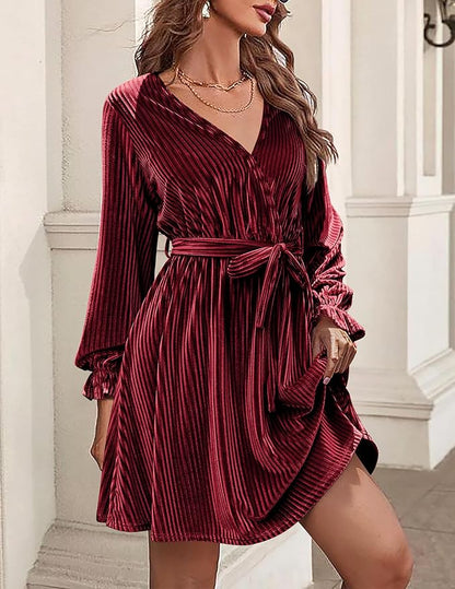 HOTOUCH Women's Velvet Dress Wrap V Neck Flared Dress Long Lantern Sleeve Dresses with Belt Cocktail Party Dress