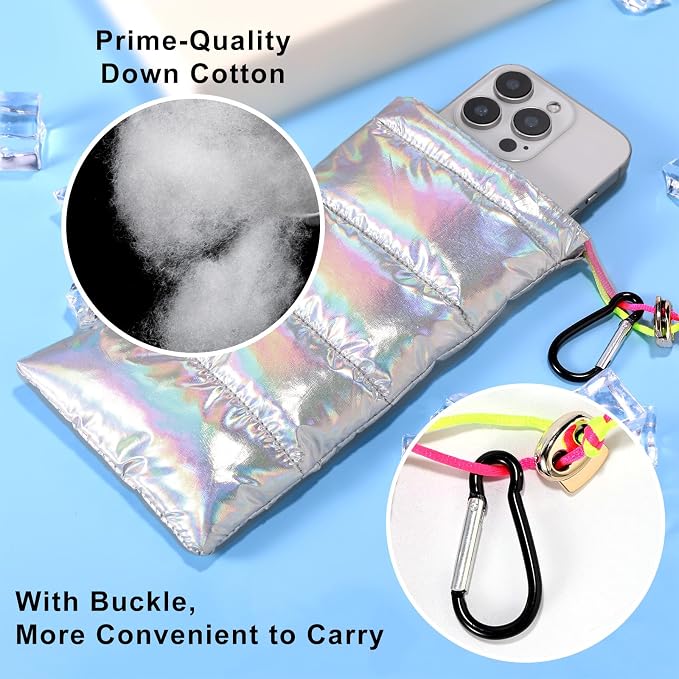 Lyreh Thermal Phone Case, 7.48x4.13in Down Cotton Thermal Warm Cellphone Pouch with Drawstring and Carabiner Clip Outdoor Phone Cover Bags Accessory for Overheating Cooling Sun Protection