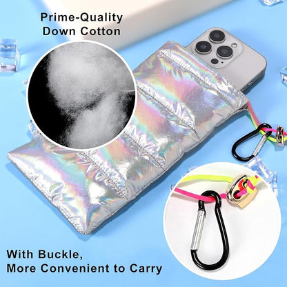 Lyreh Thermal Phone Case, 7.48x4.13in Down Cotton Thermal Warm Cellphone Pouch with Drawstring and Carabiner Clip Outdoor Phone Cover Bags Accessory for Overheating Cooling Sun Protection