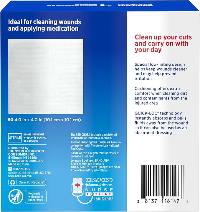 Band Aid Brand First Aid Products Tru-Absorb Sterile Gauze Sponges for Cleaning and Cushioning Minor Wounds, Cuts  Burns, Low-Lint Design, Individually Wrapped 4 in by 4 in Pads