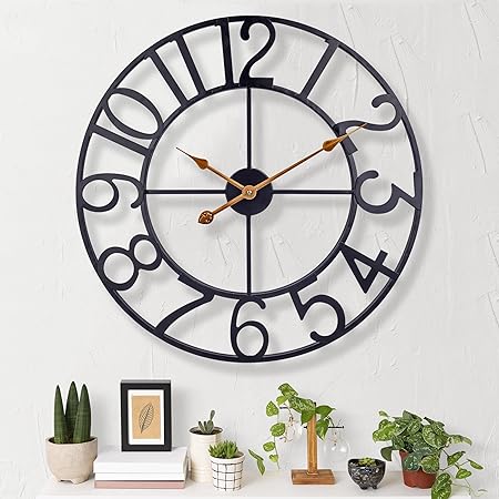 24 Inch Large Oversized Farmhouse Modern Decorative Wall Clock for Living Room,Silent Industrial Big Arabic Numerals Vintage Metal Round Wall Clocks for Kitchen,Dinng Room,Office