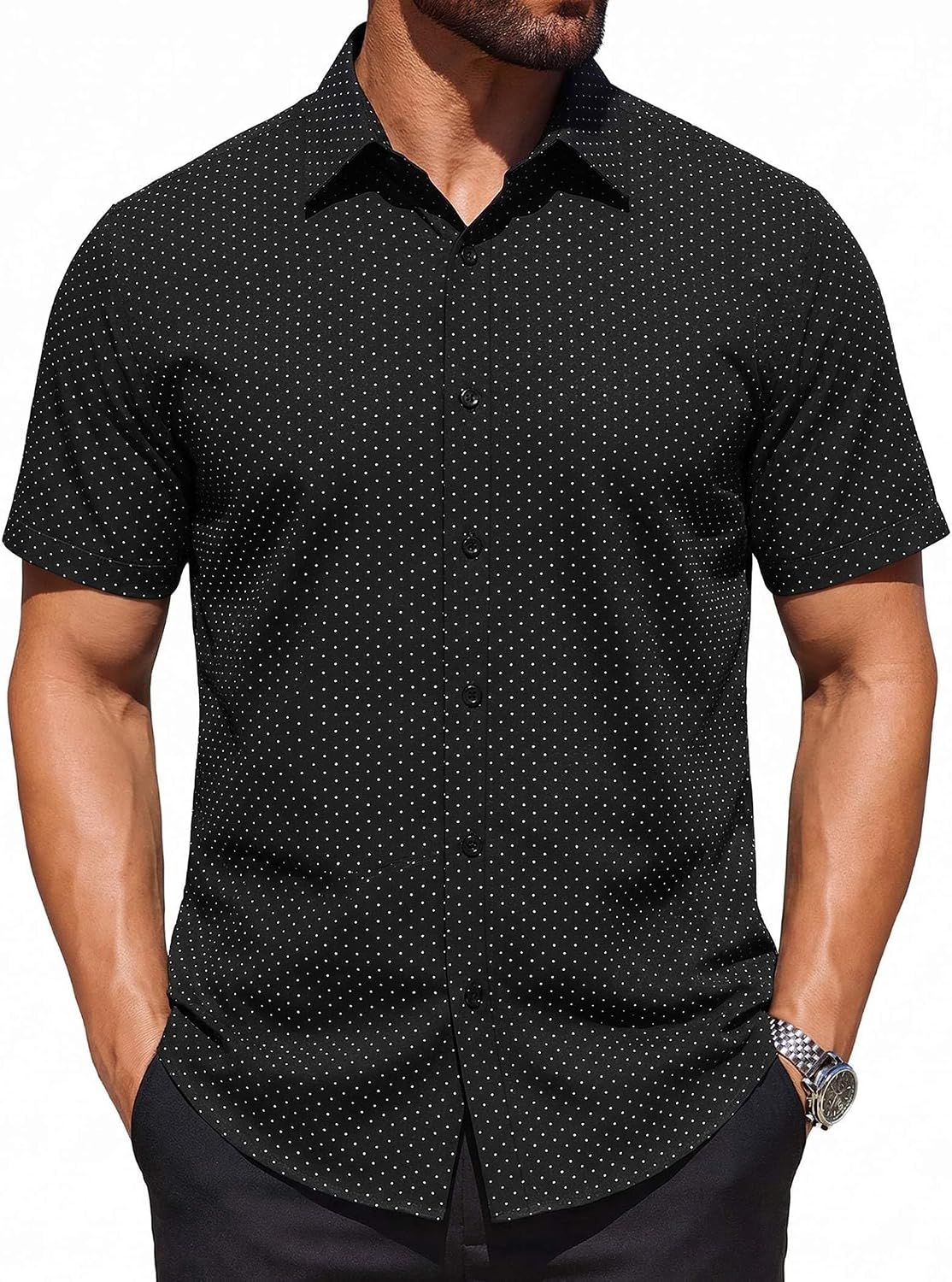 COOFANDY Mens Wrinkle Free Dress Shirt Polka Dot Short Sleeve Button Down Business Casual Shirts.