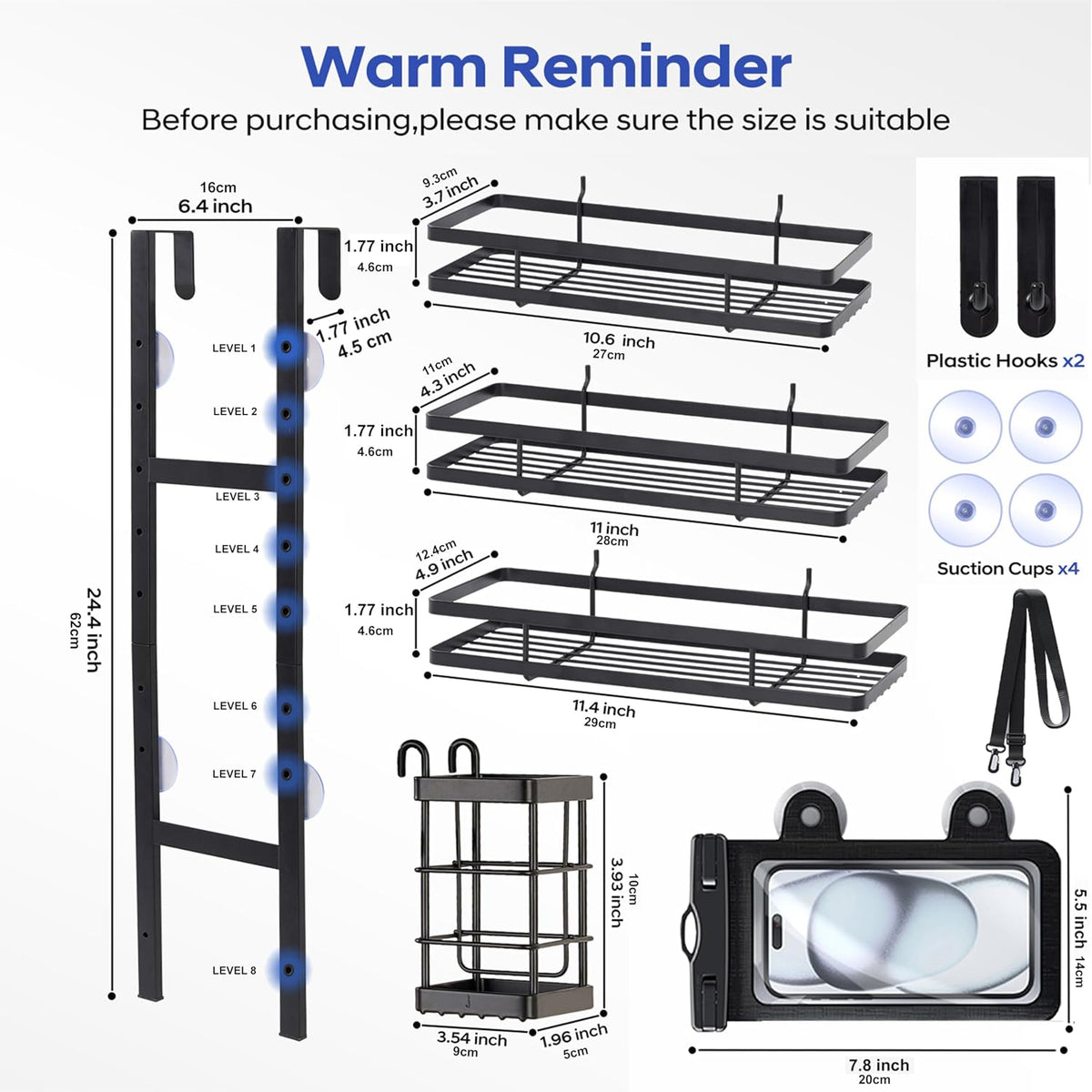 Over the Door Shower Caddy Hanging, Rustproof Shower Shelves with Waterproof Phone Pouch, 3-Tier Adjustable Bathroom Organizers and Storage, No Drilling Shower Shelf, Black Shampoo Soap Holder