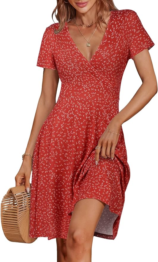 MSBASIC Womens Summer Wrap V Neck Casual Dresses Floral Short Sleeve A-Line Midi Sundress