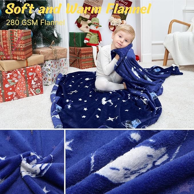 Bood Glow in The Dark Blanket, Navy Space Blanket for Boys, Christmas Personalized Gifts for Kids,Boys Blankets and Space Fleece Blanket Throws,Soft Plush Throw Blankets for Boy