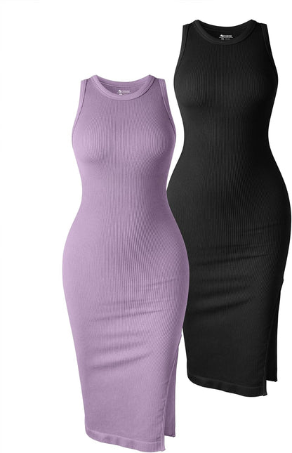 OQQ Women's 2 Piece Dress Sexy Ribbed Halter Neck Fashion Split Tank Tops Dresses