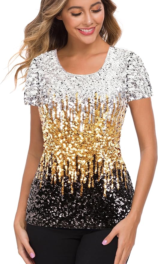 MANER Womens Full Sequin Tops Glitter Party Shirt Short Sleeve Sparkle Blouses S-4X