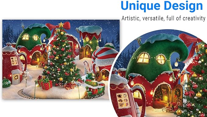 Funnytree 7x5FT Cartoon Christmas Village Photography Backdrop Winter Snow Pine Tree Background Xmas Fairy Tale Animated Kid Party Photo Booth Banner Supplies
