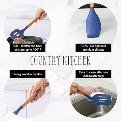 Country Kitchen Non Stick Silicone Utensil Set with Rounded Wood Handles for Cooking and Baking, 8 Piece Set, Navy