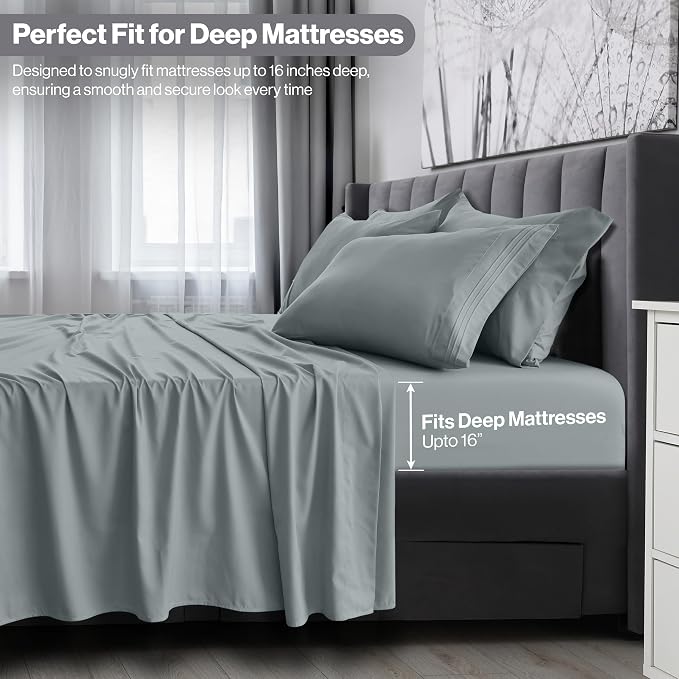 LUX Décor Twin XL Sheet Set - 3 Piece Ultra-Soft Microfiber Bed Sheets with Flat Sheet, 16 Inches Deep Pocket Fitted Sheet & Pillowcase, Cooling & Breathable, Hotel Luxury, Oeko-TEX - Grey