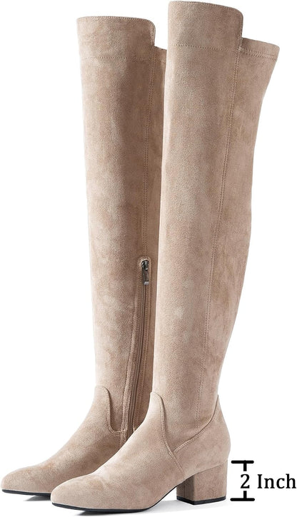 N.N.G Women's Suede Over the Knee Block Heel Boots, Black