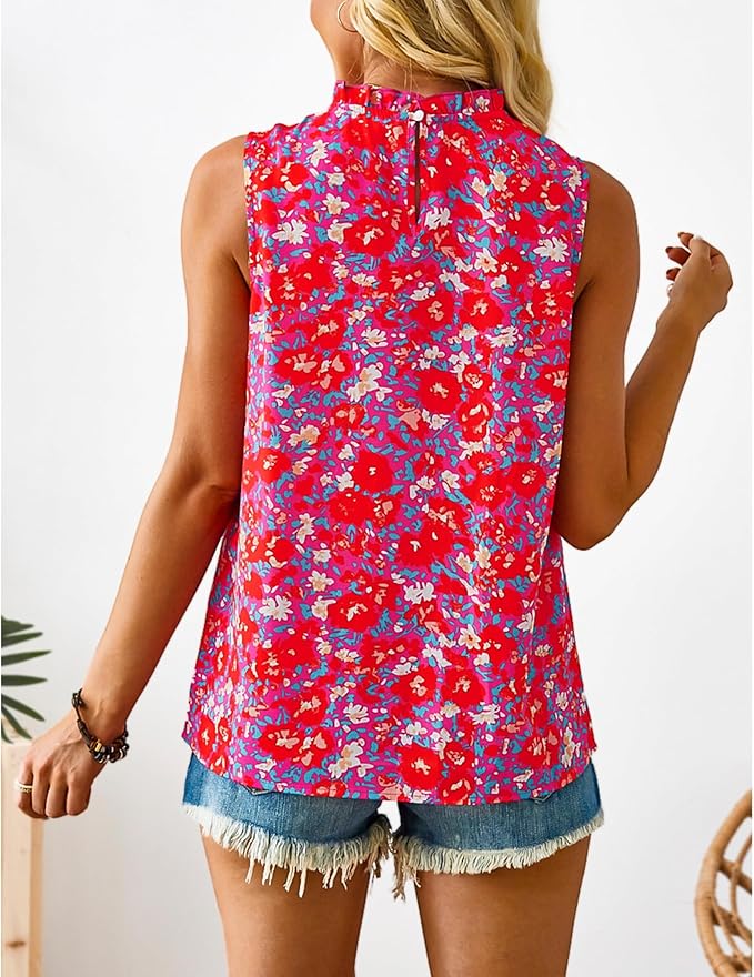 SimpleFun Womens Tank Tops Ruffle High Neck Pleated Summer Blouses Floral Sleeveless Shirt