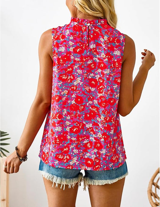 SimpleFun Womens Tank Tops Ruffle High Neck Pleated Summer Blouses Floral Sleeveless Shirt