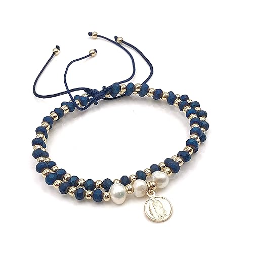 Dainty Pearls Our Lady of Guadalupe Medal Adjustable Set of 2 Bracelets For Women (Blue)