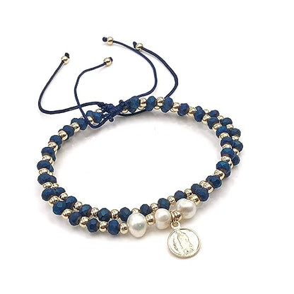 Dainty Pearls Our Lady of Guadalupe Medal Adjustable Set of 2 Bracelets For Women (Blue)